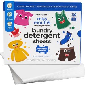 imageMiss Mouths Messy Eater Laundry Detergent Sheets  Laundry Detergent Hypoallergenic Sensitive Skin Safe Pediatrician and Dermatologist Tested Fragrance Free Travel Friendly