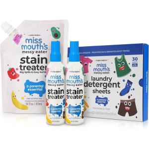 imageMiss Mouths Messy Eater Stain Treater Spray  4oz 2 Pack Stain Remover and 16oz Refill and Laundry Detergent Sheets