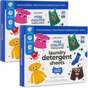 image:imageMiss Mouths Messy Eater Laundry Detergent Sheets  120 Loads Travel Friendly Detergent Sheets  Hypoallergenic Sensitive Skin Safe Pediatrician and Dermatologist Tested Fragrance Free120 loads pack of 2