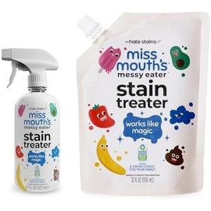 image:imageMiss Mouths Messy Eater Stain Treater Bundle 16oz Spray Bottle and 32oz XL Refill Pouch  Laundry Stain Remover for Clothes  Baby Feeding Essentials  Works on Carpet and Upholstery  2 Pack Kit